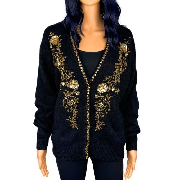 Vintage Alfred Dunner Gold Black Sequin Embroidered Sweater Cardigan Medium - Picture 6 of 6